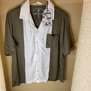 Free Planet Lost In Paradise Green White Short Sleeve Pocket Rayon Men's Shirt S